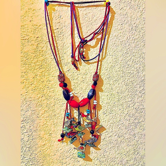 wood birds folk art necklace vtg 00AK hand-painted beaded adjustable satin cord - Picture 3 of 12